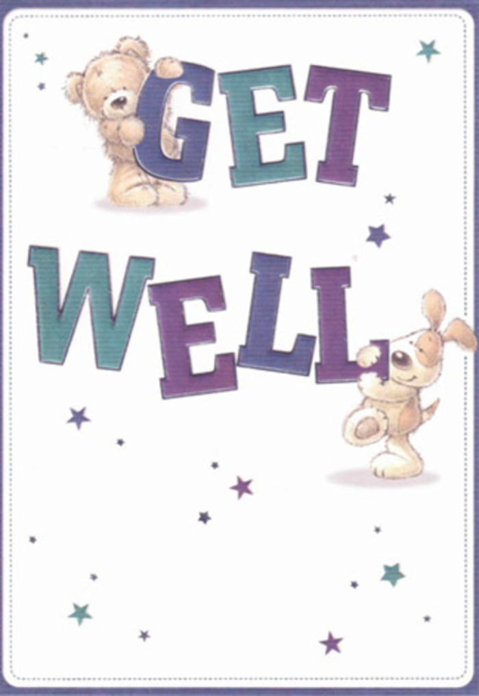 This get well card overflows with the inviting spirit and lightness that Soho offers its community. Centered amid a field of soft, inviting cream, an amiable teddy bear and a lively puppy beam with affection, their tactile softness rendered with a skill that almost invites a gentle touch. The duo interacts playfully with oversized, hand-painted letters spelling out 'Get Well' in lush purple and teal tones-a cheerful, modern take reminiscent of Soho's electric theatre lights. Scattered stars, varying from powder blue to amethyst, float like sparks of encouragement, creating the card's hopeful, playful mood. Every illustrative detail-the bear's plush fur, the puppy's velvety ears-transports the senses as surely as the scent of a freshly delivered bouquet on a rainy afternoon in Soho Square. Each brushstroke feels deliberate, every element lovingly composed, mirroring the thoughtful artistry local florists lend to their arrangements. It's an embrace of innocence and hopefulness, perfect for sending to a friend recuperating above a bustling street or within a quiet flat off Rupert Street, ensuring the recipient feels both comforted and part of Soho's caring community.